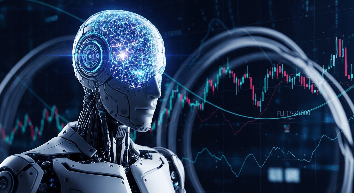 Conceptual image of an AI robot with a visible neural network, representing ForexAI Trader's intelligence.